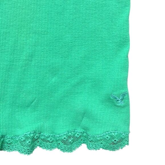 Y2K Vintage Tank Top Woman's XS American Eagle Green Lace Trim Eagle Logo Ribbed - Picture 4 of 10